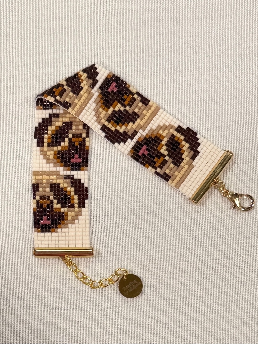 Handmade Pug Dog Loom Bracelet • Adjustable Seed Bead Bracelet - Picture 4 of 5